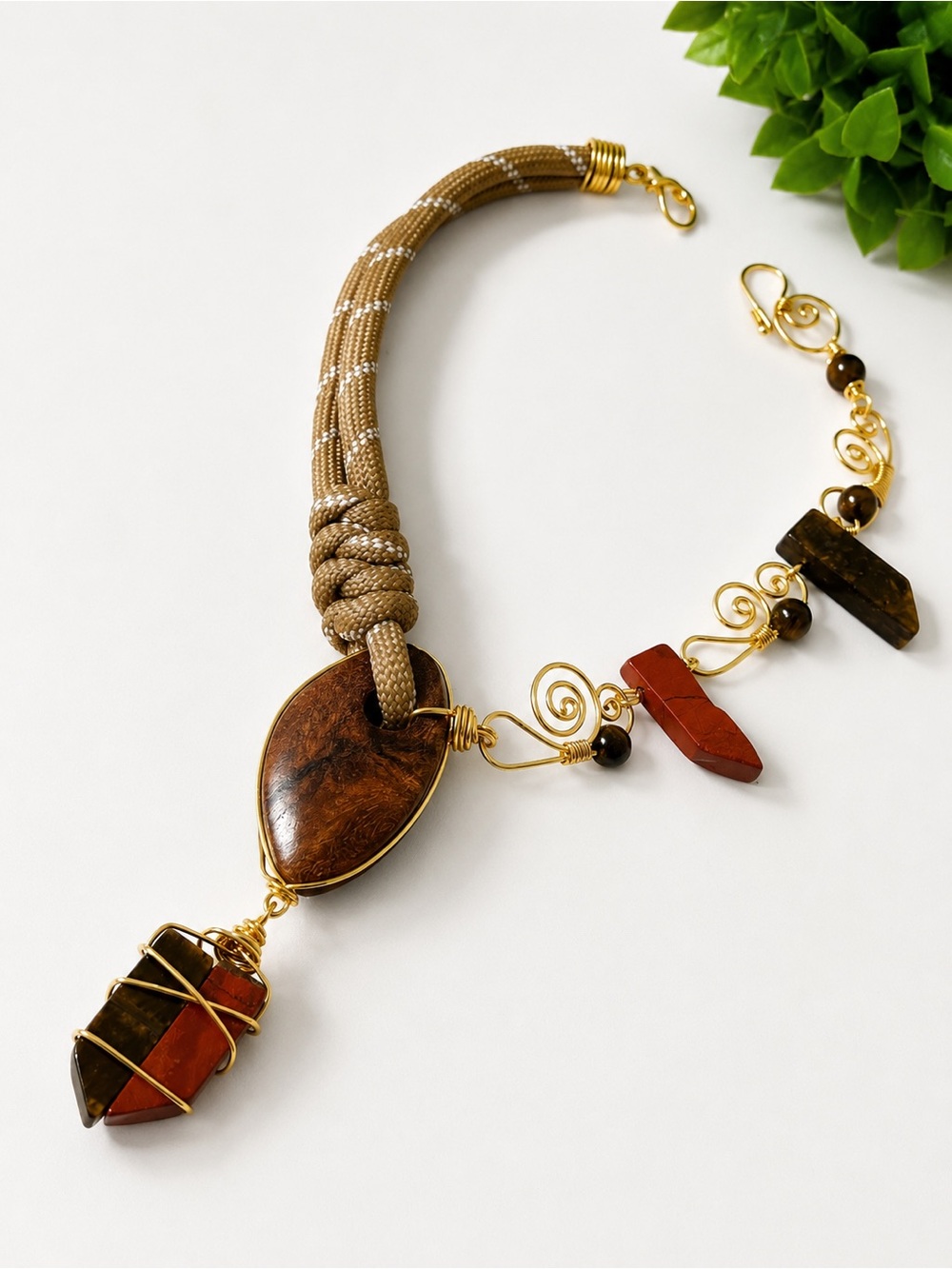 Beaded Stone Statement Necklace - Brown and Gold